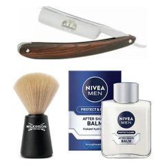 Небезпечна бритва Straight Razor + помазок для гоління Wilkinson Sword + бальзам після гоління Nivea Men Protect & Care 100 мл