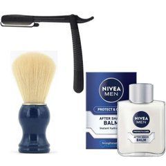 Одноразовая опасная бритва Gillette Premium Platinum + помазок SHIMA + бальзам после бритья Nivea Men Protect