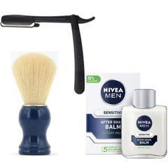 Одноразовая опасная бритва Gillette Premium Platinum + помазок SHIMA + бальзам после бритья NiveaMen Sensitive