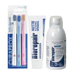 Набір зубних щіток Curaprox CS 5460/3 Ultra Soft + нічна паста Biorepair Advanced Night + ополіскувач BIOREPAIR відновлення емалі
