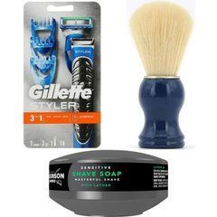 Подарунковий набір Gillette Fusion ProGlide Styler (1 касета + 3 насадки) + помазок SHIMA + мило для гоління Wilkinson Sword