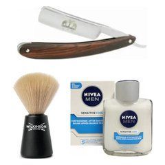 Небезпечна бритва Straight Razor + помазок для гоління Wilkinson Sword + бальзам після гоління Nivea Men Sensitive Cooling 100 мл
