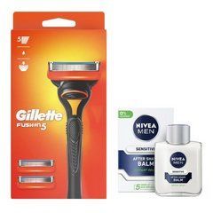 Станок для гоління Gillette Fusion 5 (3 касети) + Nivea Men Sensitive бальзам після гоління 100 мл