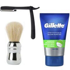 Одноразовая опасная бритва Gillette Premium Platinum + помазок Proraso + бальзам после бритья Gillette