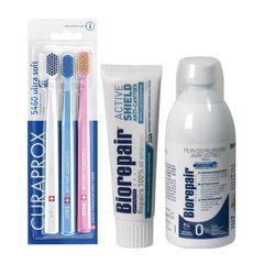 Набір зубних щіток Curaprox CS 5460/3 Ultra Soft + паста Biorepair Active Shield + ополіскувач BIOREPAIR відновлення емалі