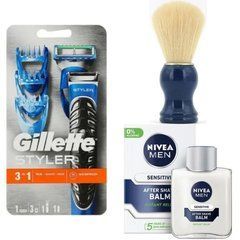 Подарунковий набір Gillette Fusion ProGlide Styler (1 касета+3 насадки) + помазок SHIMA + бальзам після гоління NiveaMen Sensitive