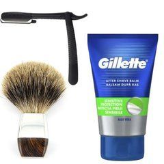 Одноразовая опасная бритва Gillette PremiumPlatinum Blades + помазок + бальзам после бритья Gillette Sensitive