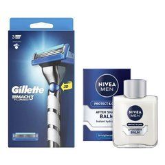 Бритва для бритья Gillette Mach3 Turbo 3D Motion (1 картридж) + Бальзам после бритья Nivea Men Protect & Care