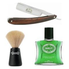 Небезпечна бритваStraight Razor + помазок для гоління Wilkinson Sword + лосьйон після гоління BRUT APRES RASAGE Original 100 мл