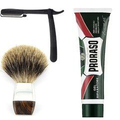 Одноразовая опасная бритва Gillette Premium Platinum Blades + помазок барсук + гель от порезов Proraso Razor