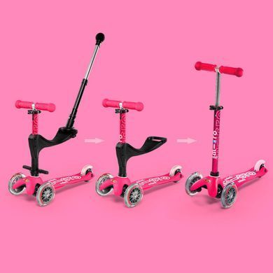 Самокат MICRO серии " Mini 3in1 Deluxe Plus" &ndash; РОЗОВЫЙ (до 50 kg, до 20 kg с сидением, 3-х колесный) MMD079