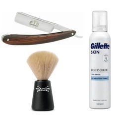 Небезпечна бритва Straight Razor + помазок для гоління Wilkinson Sword + піна для гоління Gillette Skin Ultra Sensitive