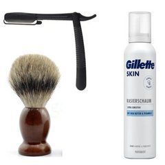 Одноразова небезпечна бритва Gillette Platinum Premium Platinum Blades + помазок SHIMA + піна для гоління Gillette Skin Ultra