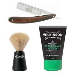 Небезпечна бритва Straight Razor + помазок для гоління Wilkinson Sword + лосьйон після гоління Wilkinson Sword Lotion Sensitive