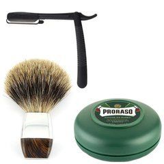 Одноразовая опасная бритва Gillette Premium Blades + помазок барсук + мыло для бритья Proraso Rinfrescante