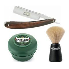 Небезпечна бритва Straight Razor + помазок для гоління Wilkinson Sword + мило для гоління Proraso Rinfrescante Green Eucalyptus