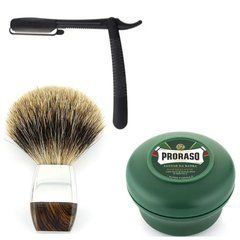 Одноразовая опасная бритва Gillette Premium Blades + помазок барсук + мыло для бритья Proraso Rinfrescante
