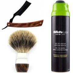Небезпечна бритва/шавета розкладна Straight Razor + помазок борсук + гель для гоління Gillette Labs Gel 198 мл