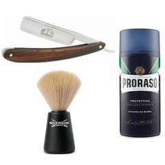 Небезпечна бритва Straight Razor + помазок для гоління Wilkinson Sword + піна для гоління Proraso з екстрактом алое та вітаміном Е
