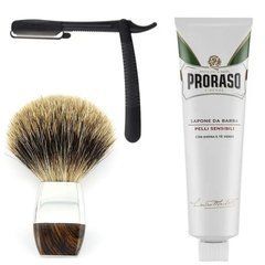 Одноразовая опасная бритва Gillette Premium Platinum Blades + помазок барсук + крем для бритья Proraso