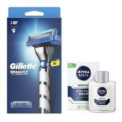 Станок для бритья Gillette Mach3 Turbo 3D Motion (1 картридж) + Nivea Men Sensitive бальзам после бритья 100мл