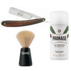 Небезпечна бритва Straight Razor + помазок для гоління Wilkinson Sword + піна для гоління Proraso Green Tea для чутливої шкіри