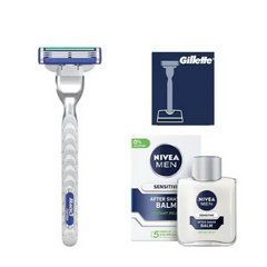 Станок для гоління Gillette Mach3 Turbo (1 картридж) + ьна підставка + Nivea Men Sensitive бальзам після гоління 100 мл