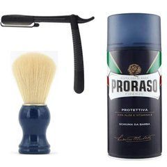 Одноразова небезпечна бритва Gillette Premium Platinum Blades + помазок SHIMA борсук + піна для гоління Proraso з екстрактом алое