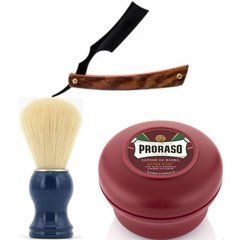 Небезпечна бритва/шавета розкладна Straight Razor + помазок SHIMA синій + мило для гоління Proraso для жорсткої щетини з маслом