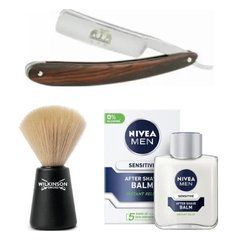 Небезпечна бритва Straight Razor + помазок для гоління Wilkinson Sword + бальзам після гоління Nivea Men Sensitivе 100 мл