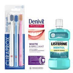 Набір зубних щіток Curaprox CS 5460/3 Ultra Soft + зубна паста Denivit White&Brilliant + ополіскувач LISTERINE mentol Sabor Suave