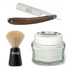 Небезпечна бритва Straight Razor + помазок для гоління Wilkinson Sword + крем перед голінням Proraso White Crema Pre Barba